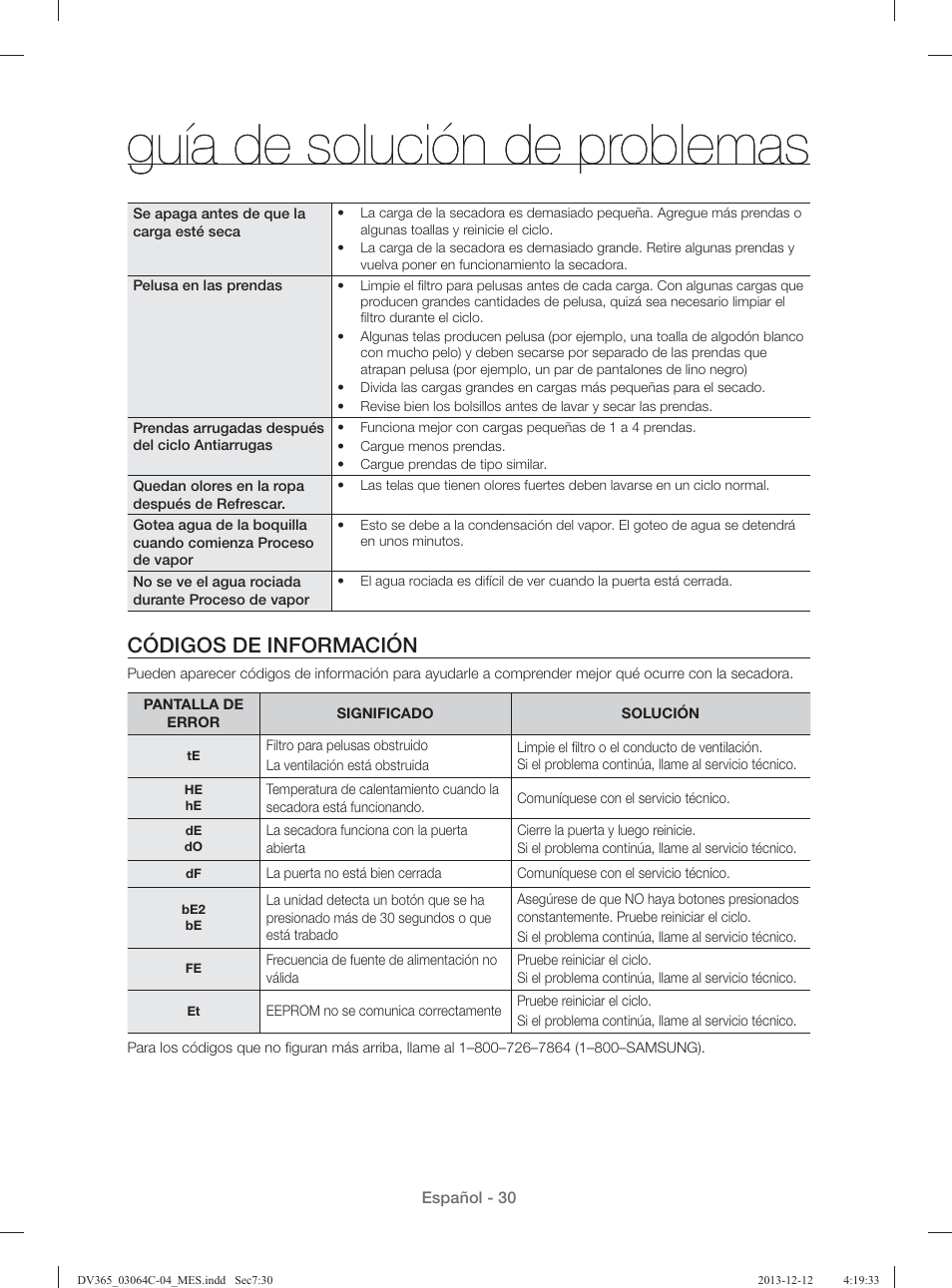 Guía de solución de problemas, Códigos de información | Samsung DV365ETBGSF-A1 User Manual | Page 110 / 120