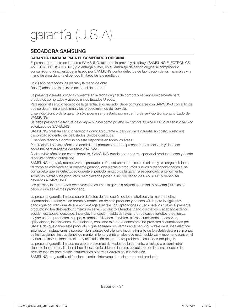 Garantía (u.s.a), Secadora samsung | Samsung DV365ETBGSF-A1 User Manual | Page 114 / 120