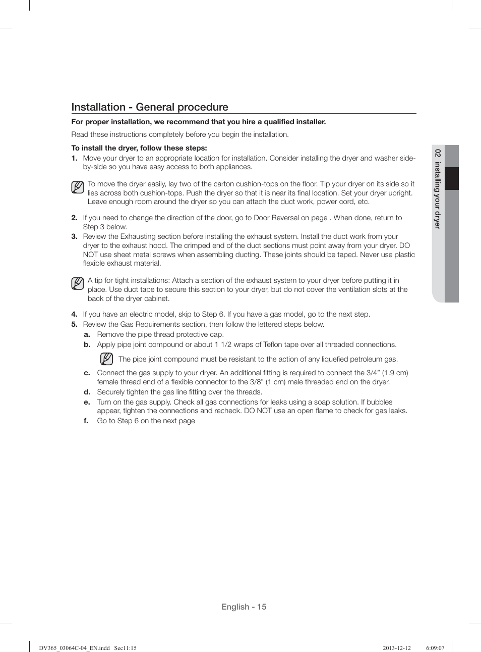 Installation - general procedure | Samsung DV365ETBGSF-A1 User Manual | Page 15 / 120