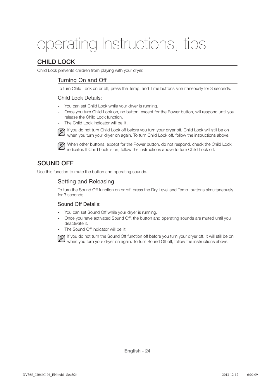 Operating instructions, tips, Child lock, Sound off | Samsung DV365ETBGSF-A1 User Manual | Page 24 / 120