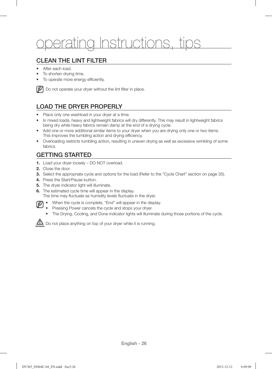 Operating instructions, tips, Clean the lint filter, Load the dryer properly | Getting started | Samsung DV365ETBGSF-A1 User Manual | Page 26 / 120