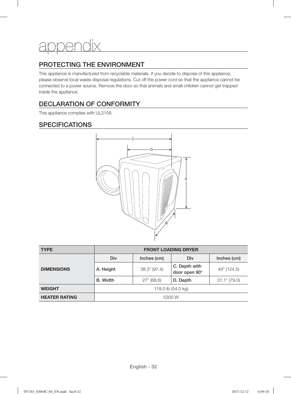 Appendix, Protecting the environment, Declaration of conformity | Specifications | Samsung DV365ETBGSF-A1 User Manual | Page 32 / 120