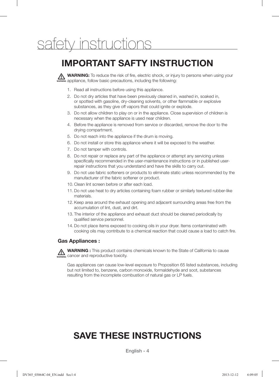 Safety instructions, Save these instructions, Important safty instruction | Samsung DV365ETBGSF-A1 User Manual | Page 4 / 120