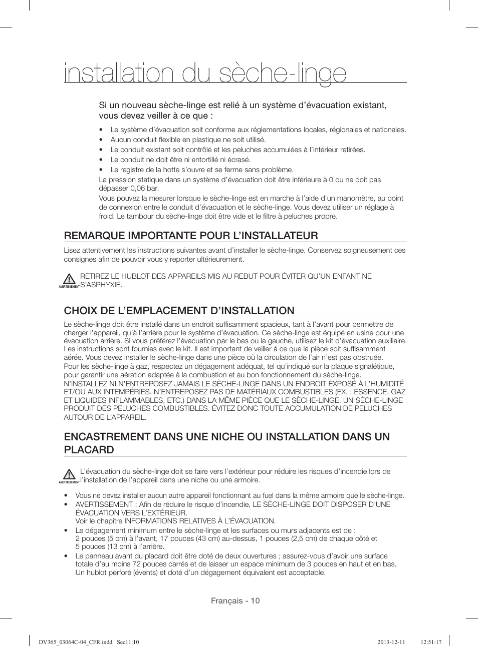 Installation du sèche-linge, Remarque importante pour l’installateur, Choix de l’emplacement d’installation | Samsung DV365ETBGSF-A1 User Manual | Page 50 / 120