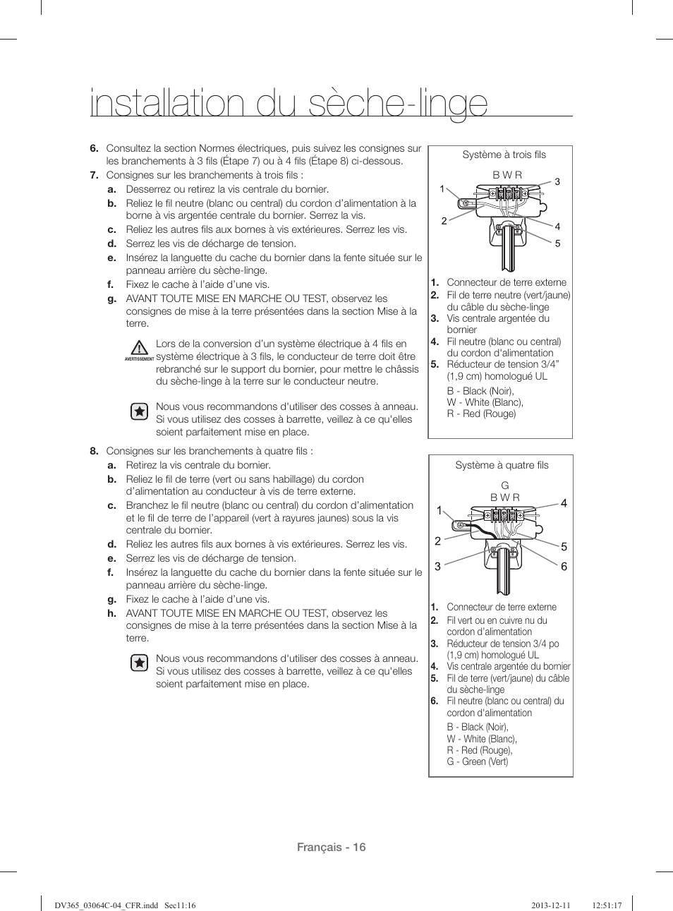 Installation du sèche-linge | Samsung DV365ETBGSF-A1 User Manual | Page 56 / 120