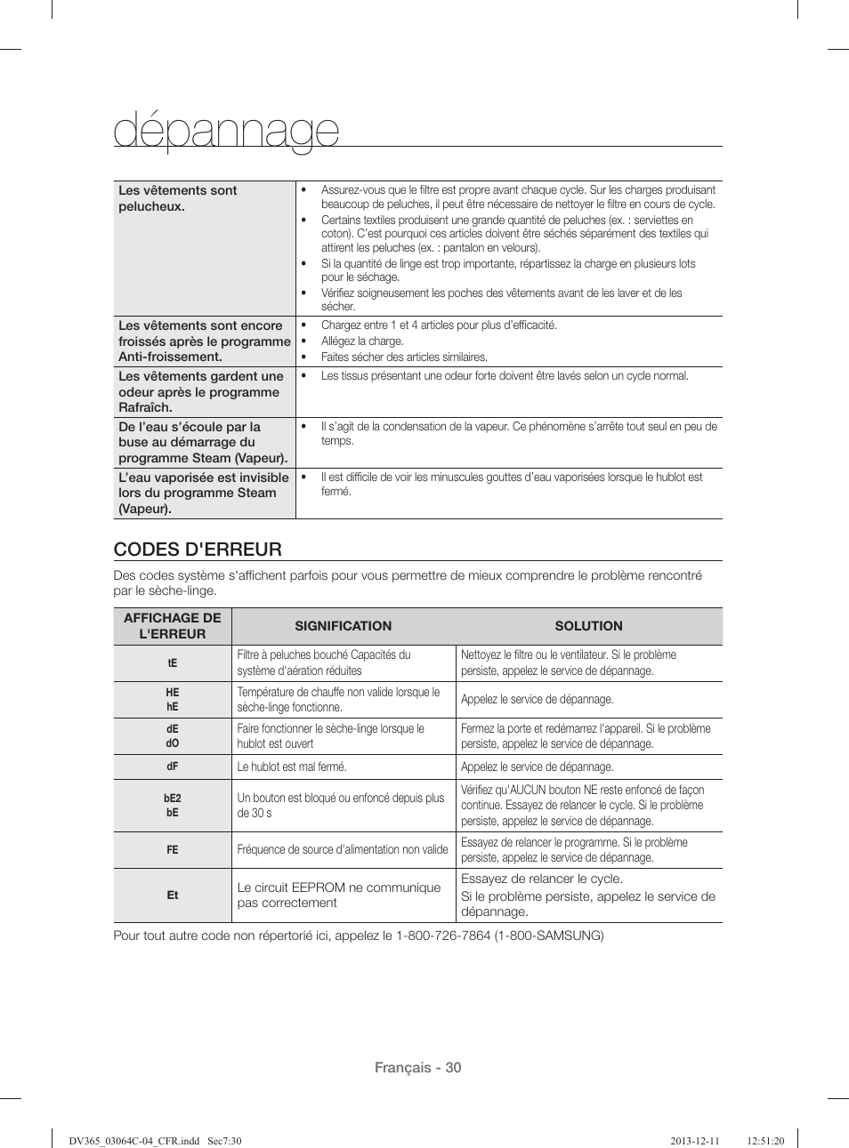 Dépannage, Codes d'erreur | Samsung DV365ETBGSF-A1 User Manual | Page 70 / 120