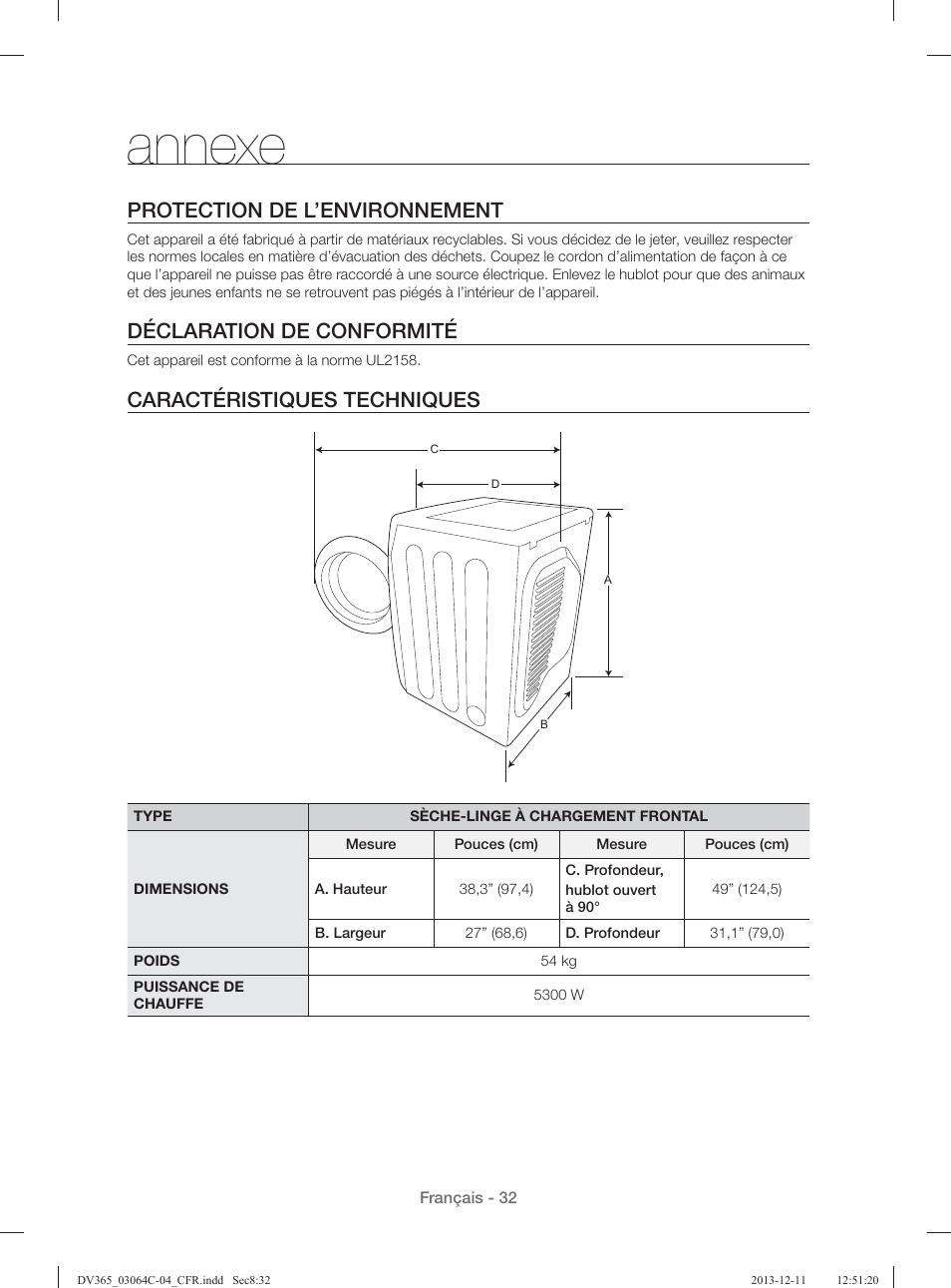 Annexe, Protection de l’environnement, Déclaration de conformité | Caractéristiques techniques | Samsung DV365ETBGSF-A1 User Manual | Page 72 / 120