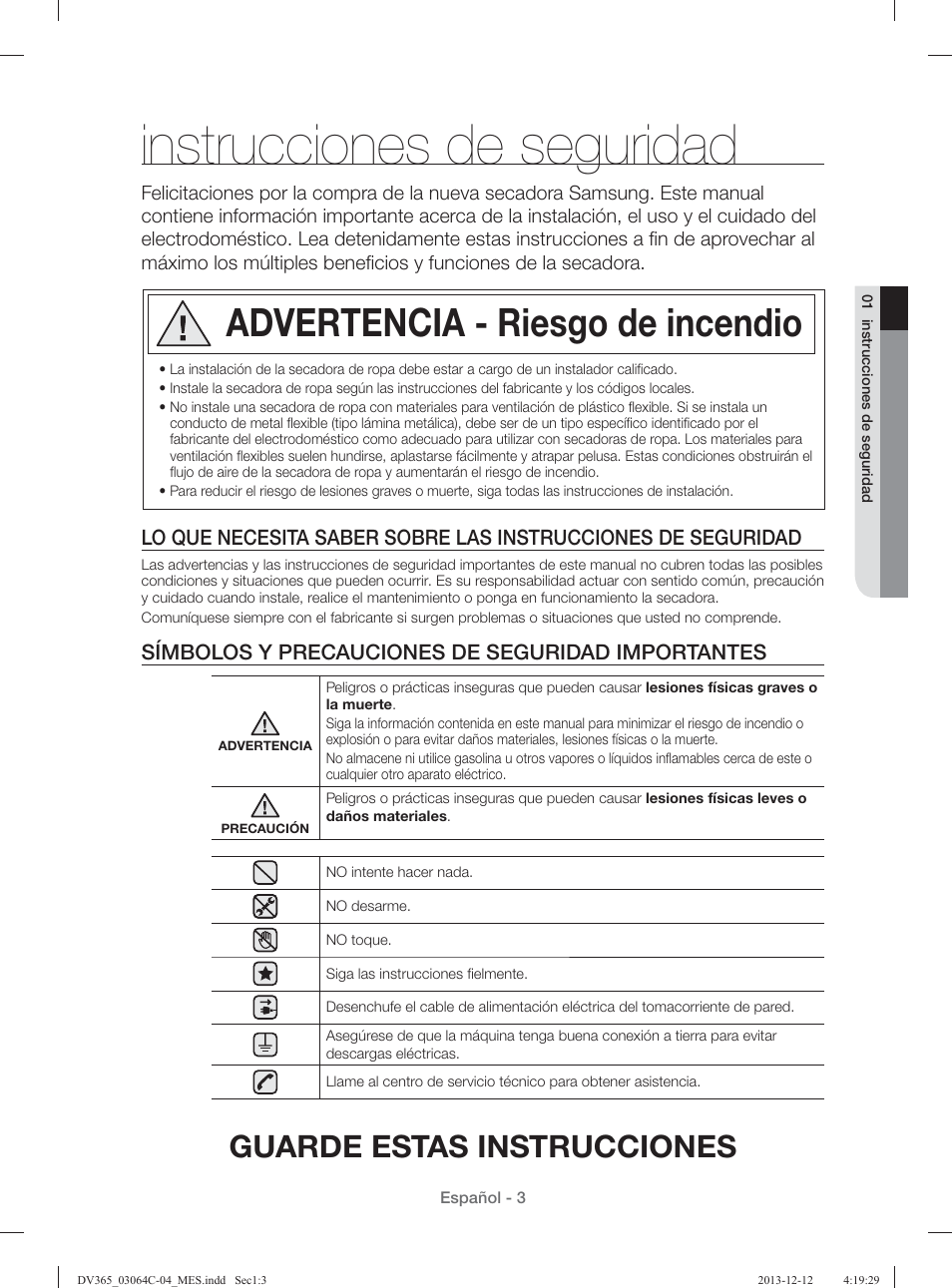 Instrucciones de seguridad, Advertencia - riesgo de incendio, Guarde estas instrucciones | Símbolos y precauciones de seguridad importantes | Samsung DV365ETBGSF-A1 User Manual | Page 83 / 120