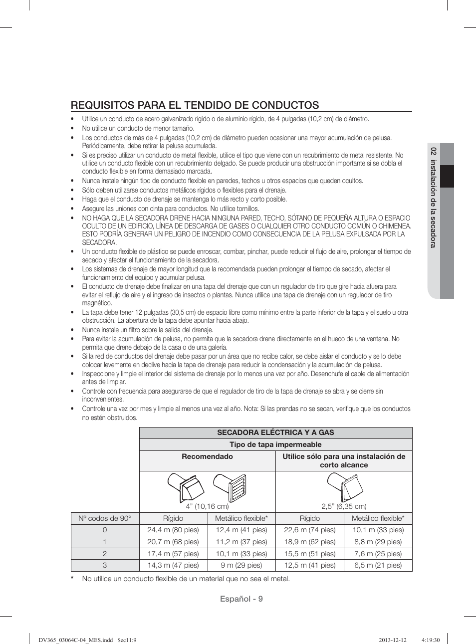 Requisitos para el tendido de conductos | Samsung DV365ETBGSF-A1 User Manual | Page 89 / 120