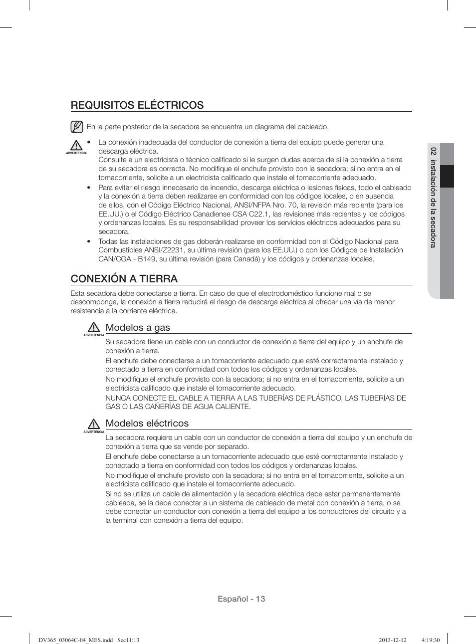 Requisitos eléctricos, Conexión a tierra, Modelos a gas | Modelos eléctricos | Samsung DV365ETBGSF-A1 User Manual | Page 93 / 120