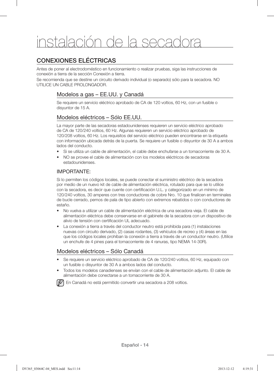 Instalación de la secadora, Conexiones eléctricas | Samsung DV365ETBGSF-A1 User Manual | Page 94 / 120