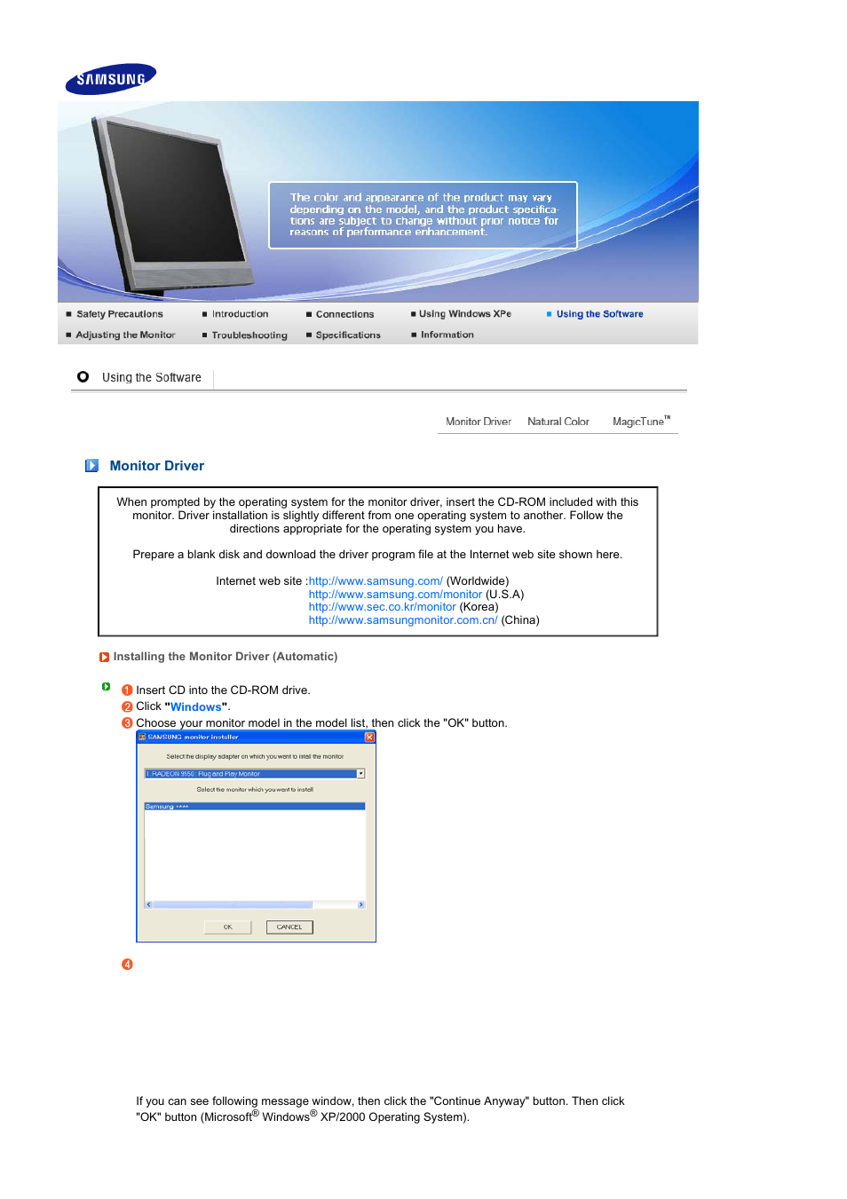 Using the software, Monitor driver | Samsung LS19TRTLB-XAA User Manual | Page 34 / 76