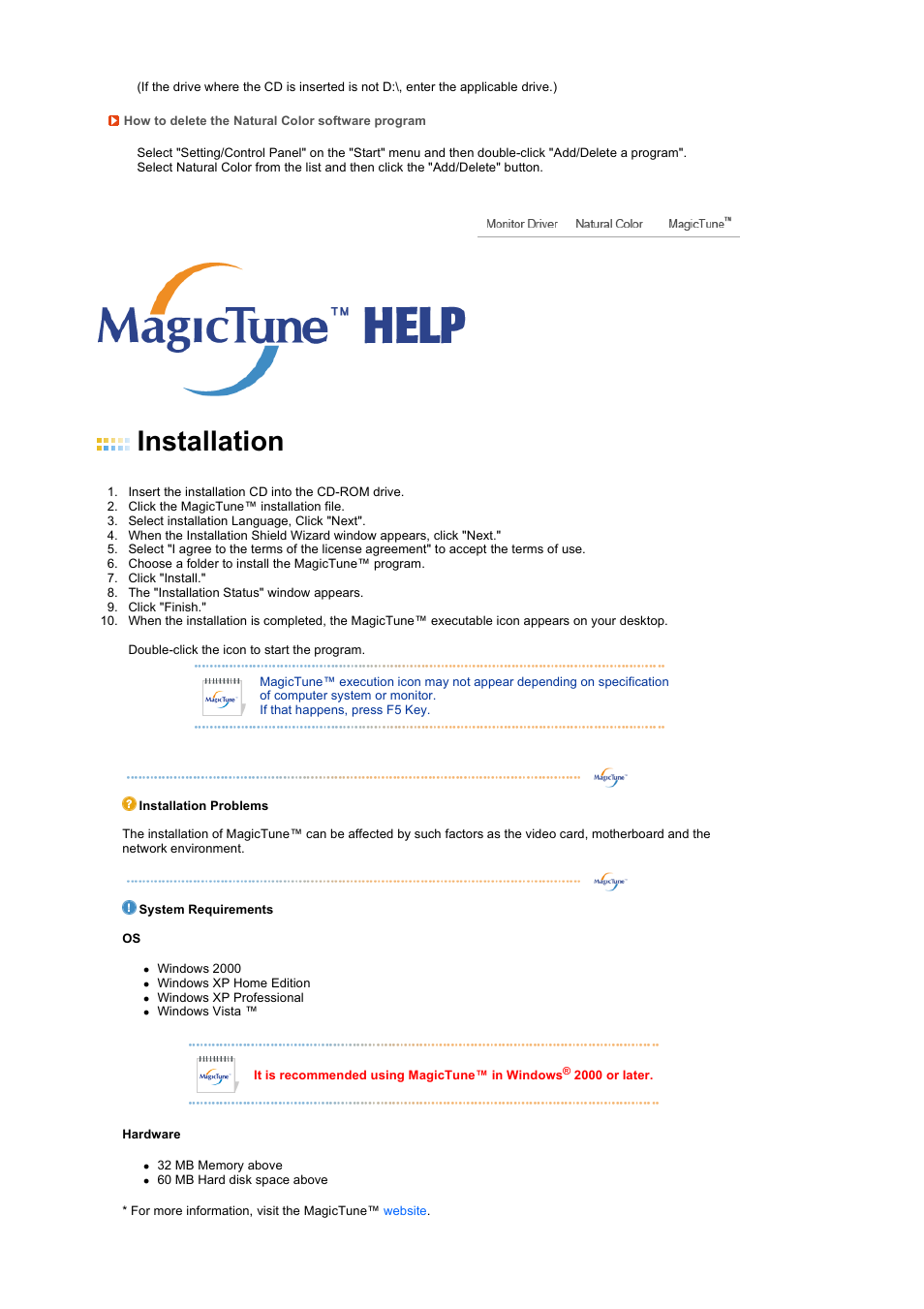 Magictune, Installation | Samsung LS19TRTLB-XAA User Manual | Page 42 / 76