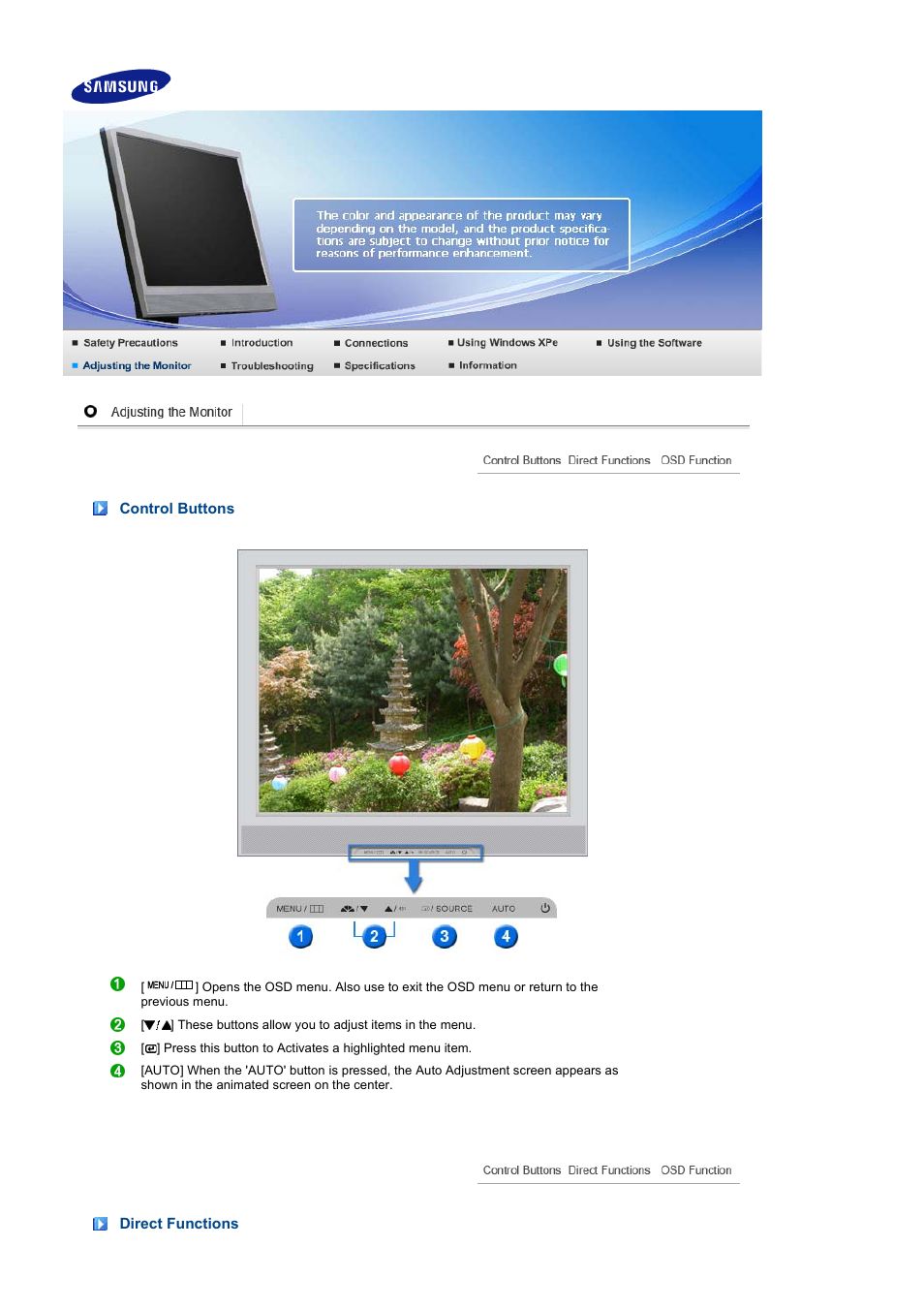 Adjusting the monitor, Control buttons, Direct functions | Samsung LS19TRTLB-XAA User Manual | Page 44 / 76
