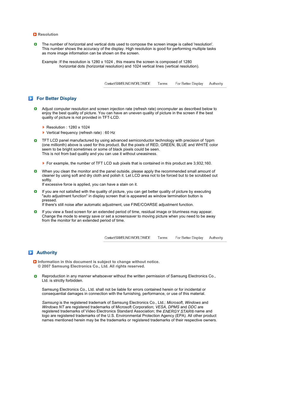 For better display, Authority | Samsung LS19TRTLB-XAA User Manual | Page 74 / 76