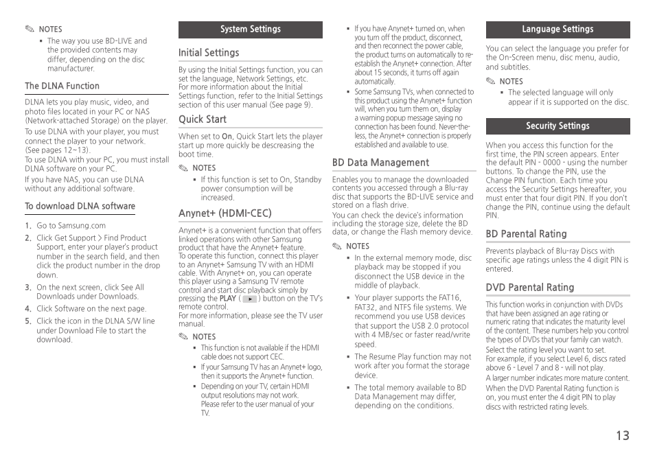 System settings, Language settings, Security settings | Initial settings, Quick start, Anynet+ (hdmi-cec), Bd data management, Bd parental rating, Dvd parental rating | Samsung BD-H5100-ZA User Manual | Page 13 / 26
