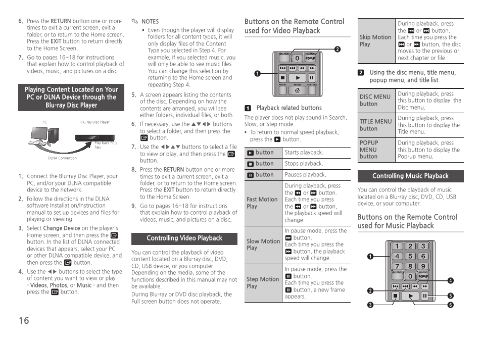 Controlling video playback, Controlling music playback | Samsung BD-H5100-ZA User Manual | Page 16 / 26