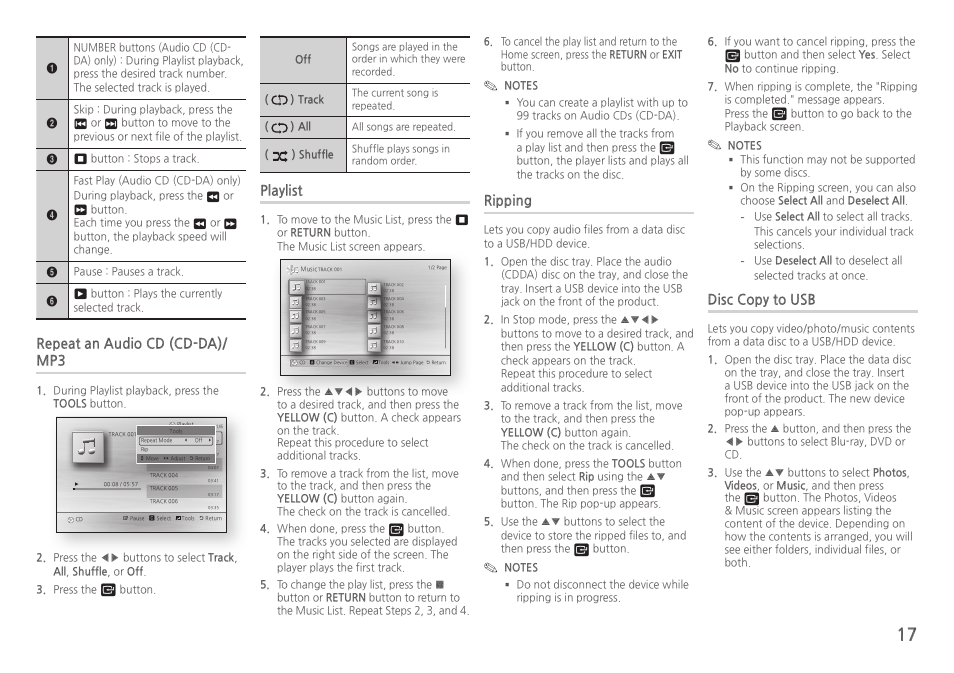 Repeat an audio cd (cd-da)/ mp3, Playlist, Ripping | Disc copy to usb | Samsung BD-H5100-ZA User Manual | Page 17 / 26