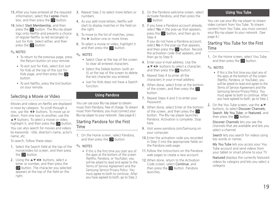 Using pandora, Using you tube | Samsung BD-H5100-ZA User Manual | Page 19 / 26