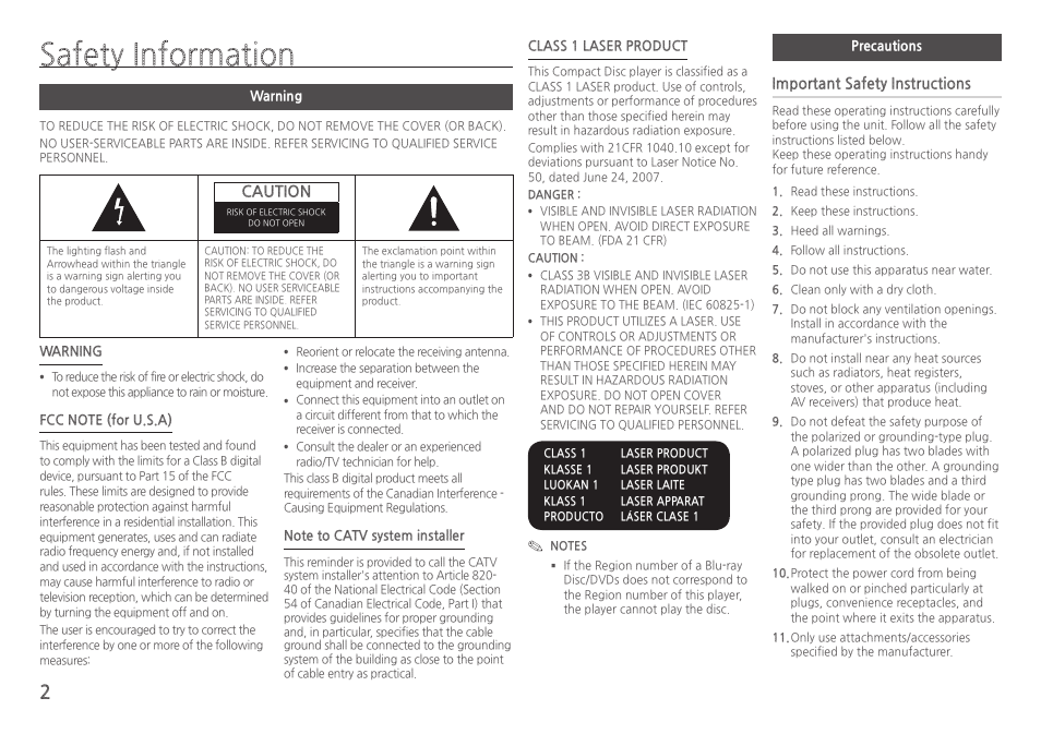 Safety information, Warning, Precautions | Caution, Important safety instructions | Samsung BD-H5100-ZA User Manual | Page 2 / 26