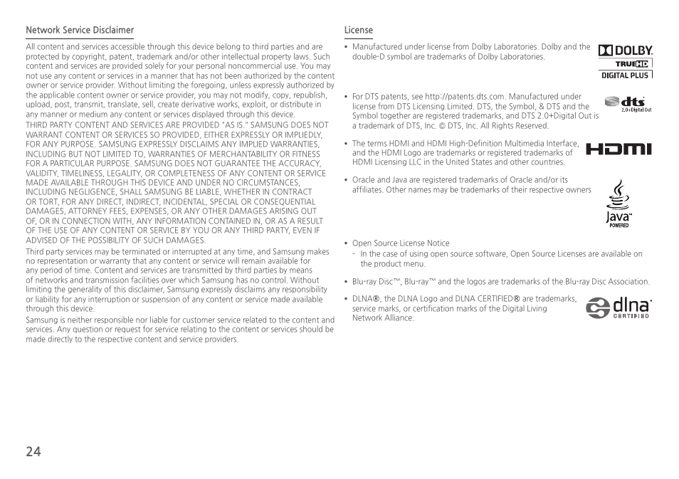 Network service disclaimer, License | Samsung BD-H5100-ZA User Manual | Page 24 / 26