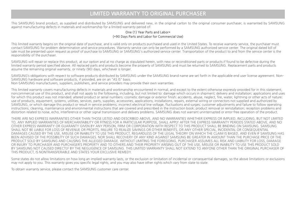 Limited warranty to original purchaser | Samsung BD-H5100-ZA User Manual | Page 25 / 26