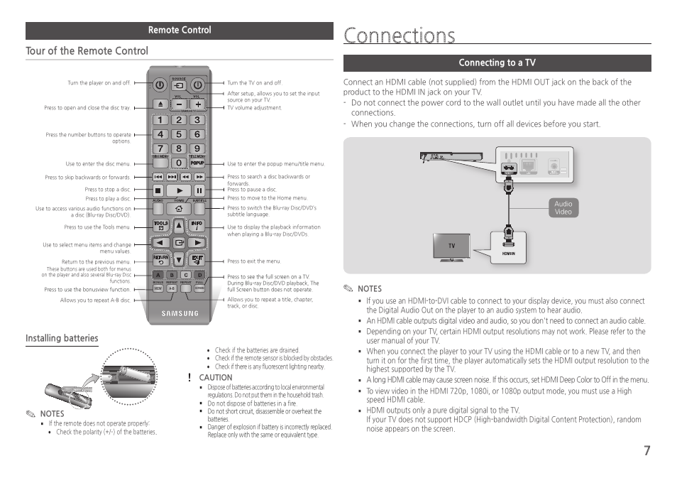Remote control, Connections, Connecting to a tv | Tour of the remote control, Installing batteries | Samsung BD-H5100-ZA User Manual | Page 7 / 26