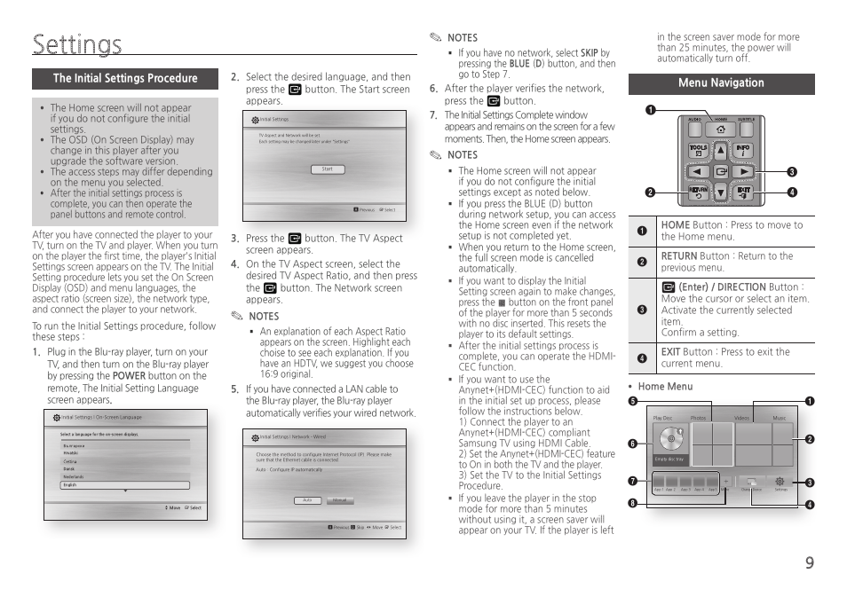 Settings, The initial settings procedure, Menu navigation | Samsung BD-H5100-ZA User Manual | Page 9 / 26