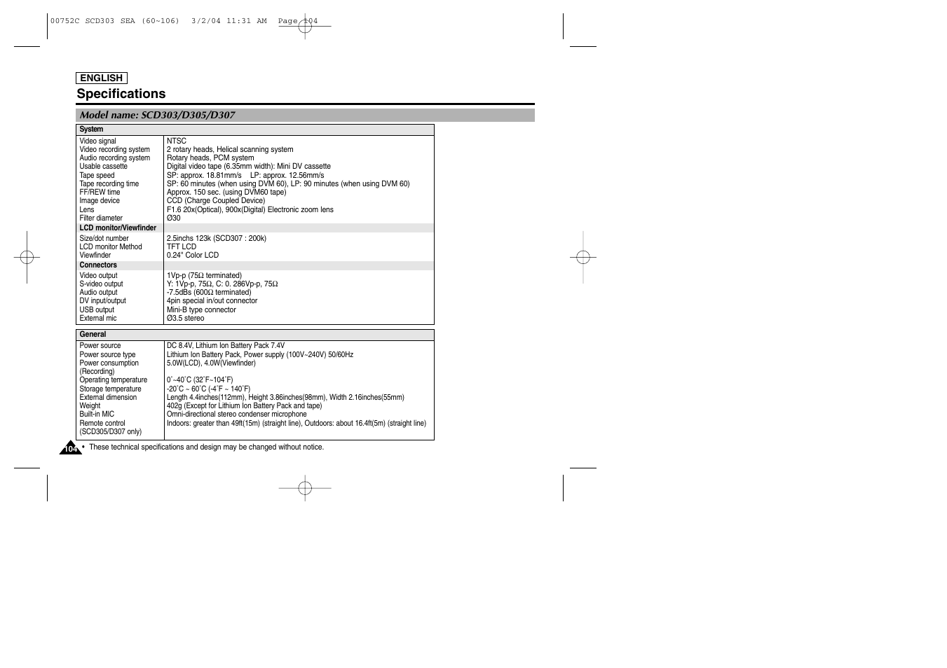 Specifications | Samsung SC-D303-XAC User Manual | Page 108 / 111