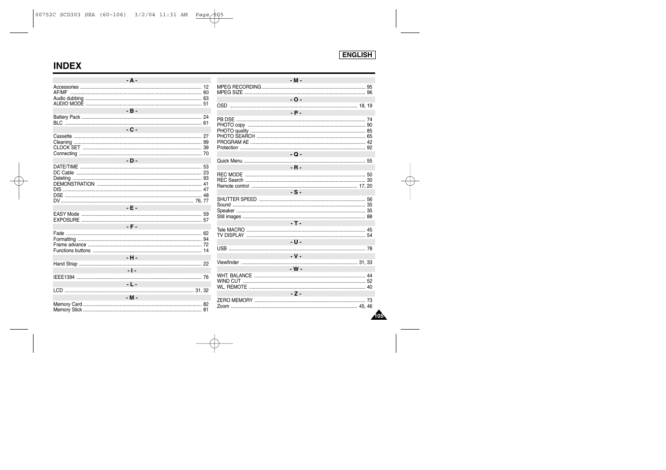 Index | Samsung SC-D303-XAC User Manual | Page 109 / 111
