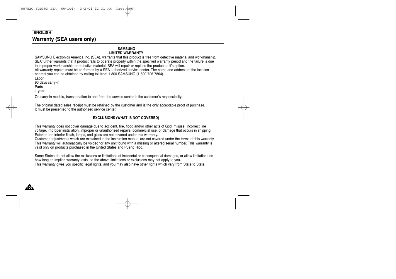 Warranty (sea users only) | Samsung SC-D303-XAC User Manual | Page 110 / 111