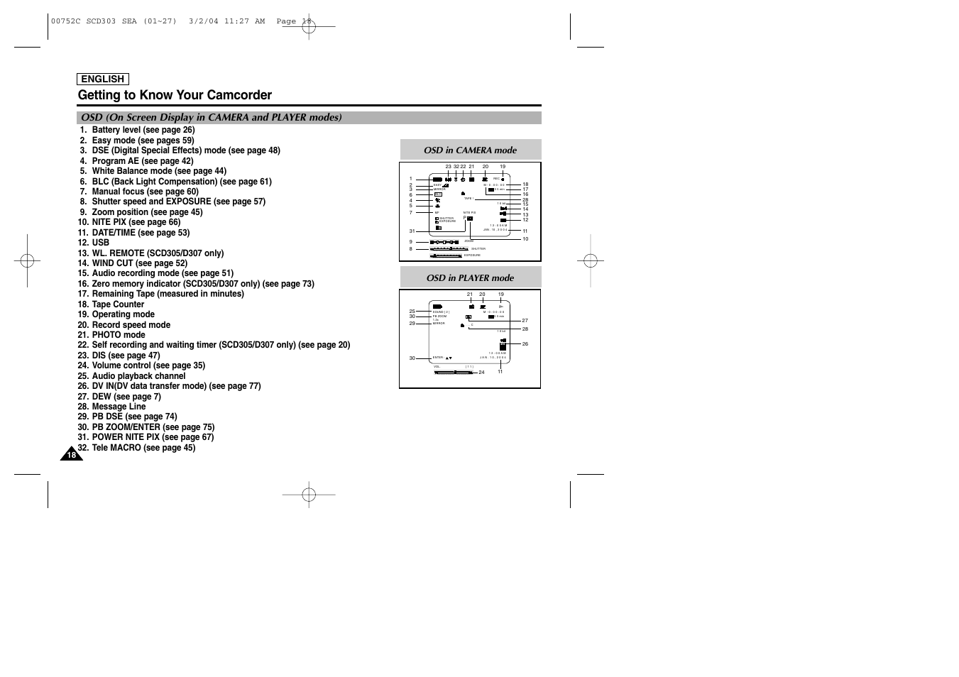 Getting to know your camcorder, Osd (on screen display in camera and player modes), English | Osd in player mode | Samsung SC-D303-XAC User Manual | Page 22 / 111