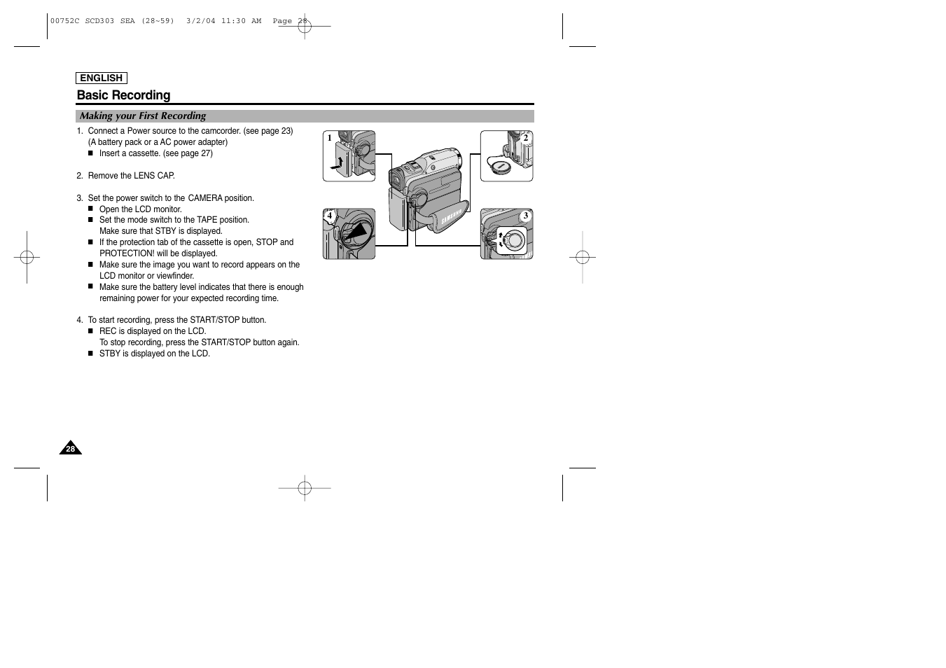 Basic recording | Samsung SC-D303-XAC User Manual | Page 32 / 111