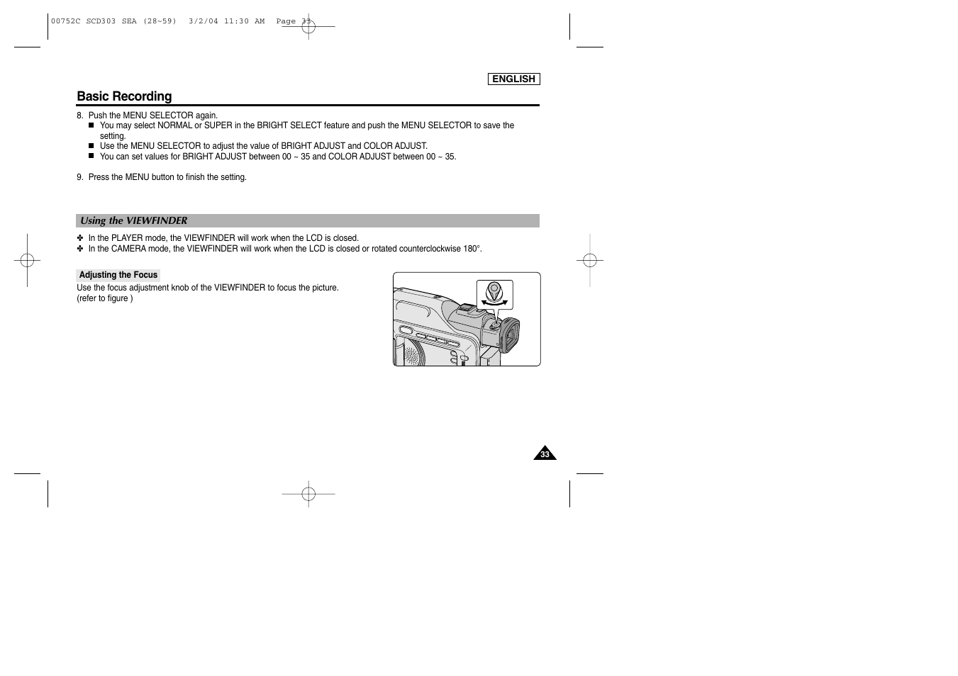 Basic recording | Samsung SC-D303-XAC User Manual | Page 37 / 111