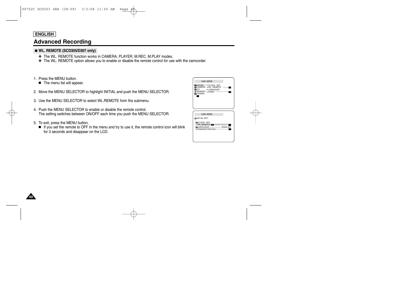 Advanced recording | Samsung SC-D303-XAC User Manual | Page 44 / 111