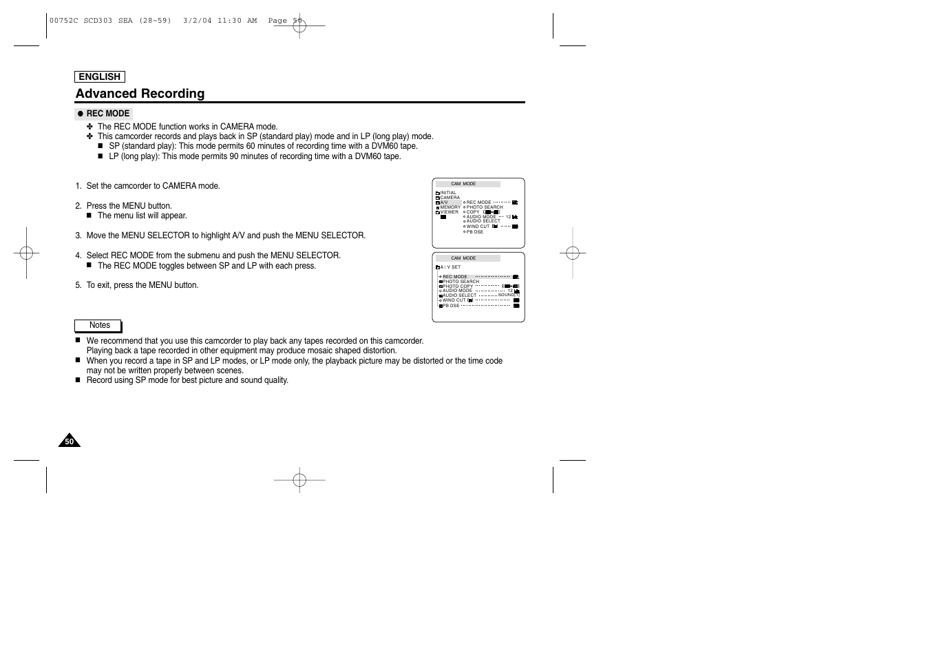 Advanced recording | Samsung SC-D303-XAC User Manual | Page 54 / 111