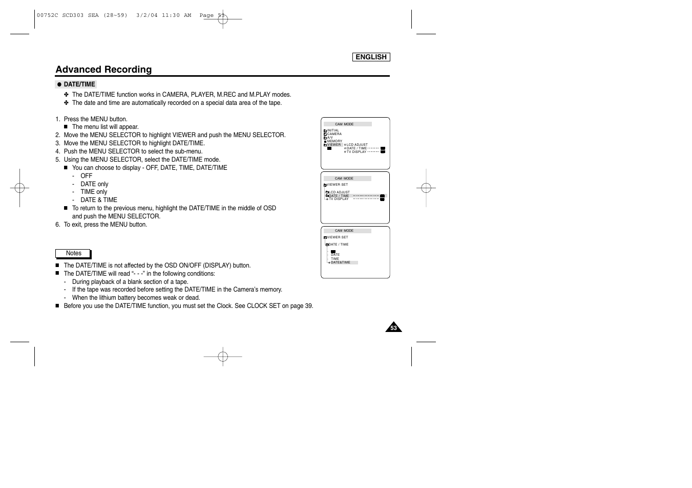 Advanced recording | Samsung SC-D303-XAC User Manual | Page 57 / 111