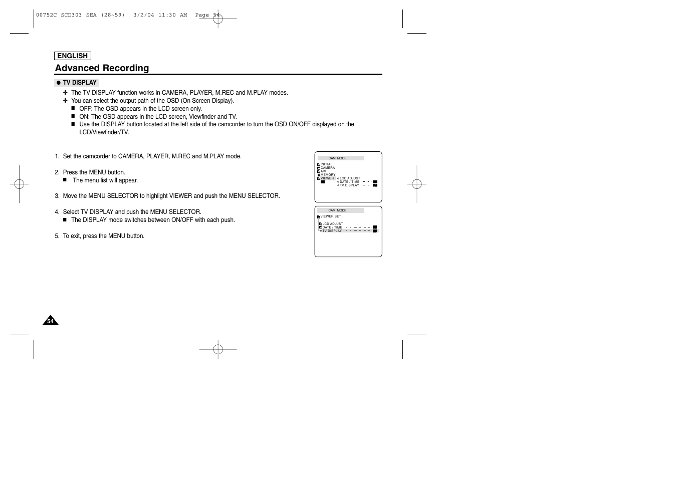 Advanced recording | Samsung SC-D303-XAC User Manual | Page 58 / 111