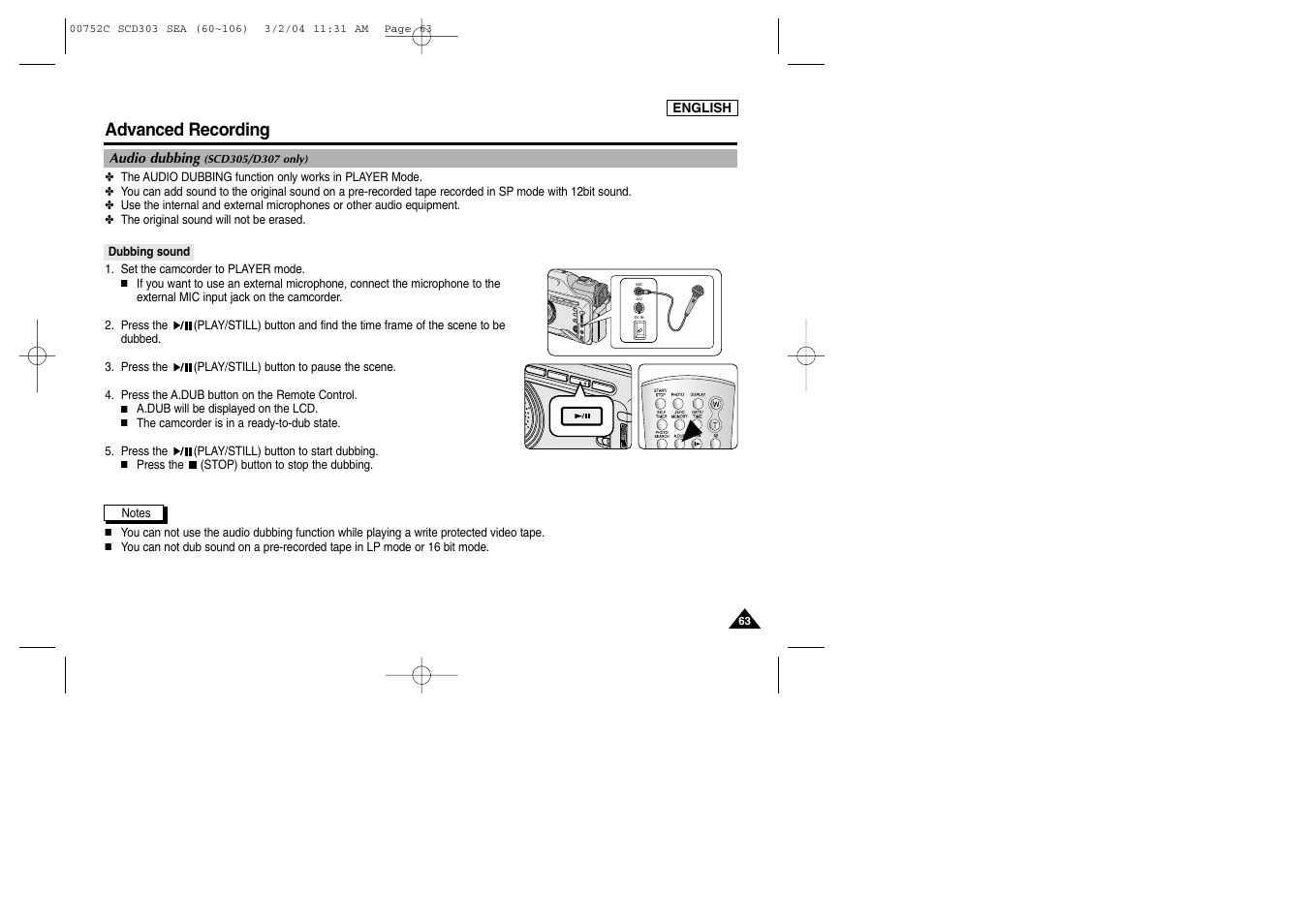 Advanced recording | Samsung SC-D303-XAC User Manual | Page 67 / 111