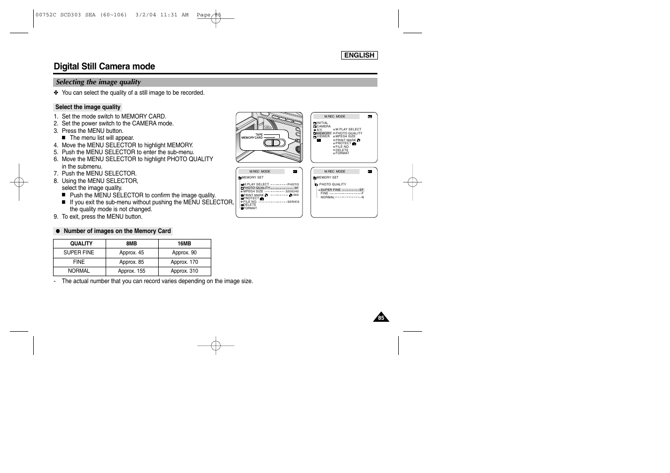 Digital still camera mode | Samsung SC-D303-XAC User Manual | Page 89 / 111