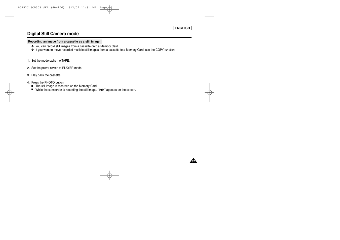 Digital still camera mode | Samsung SC-D303-XAC User Manual | Page 91 / 111