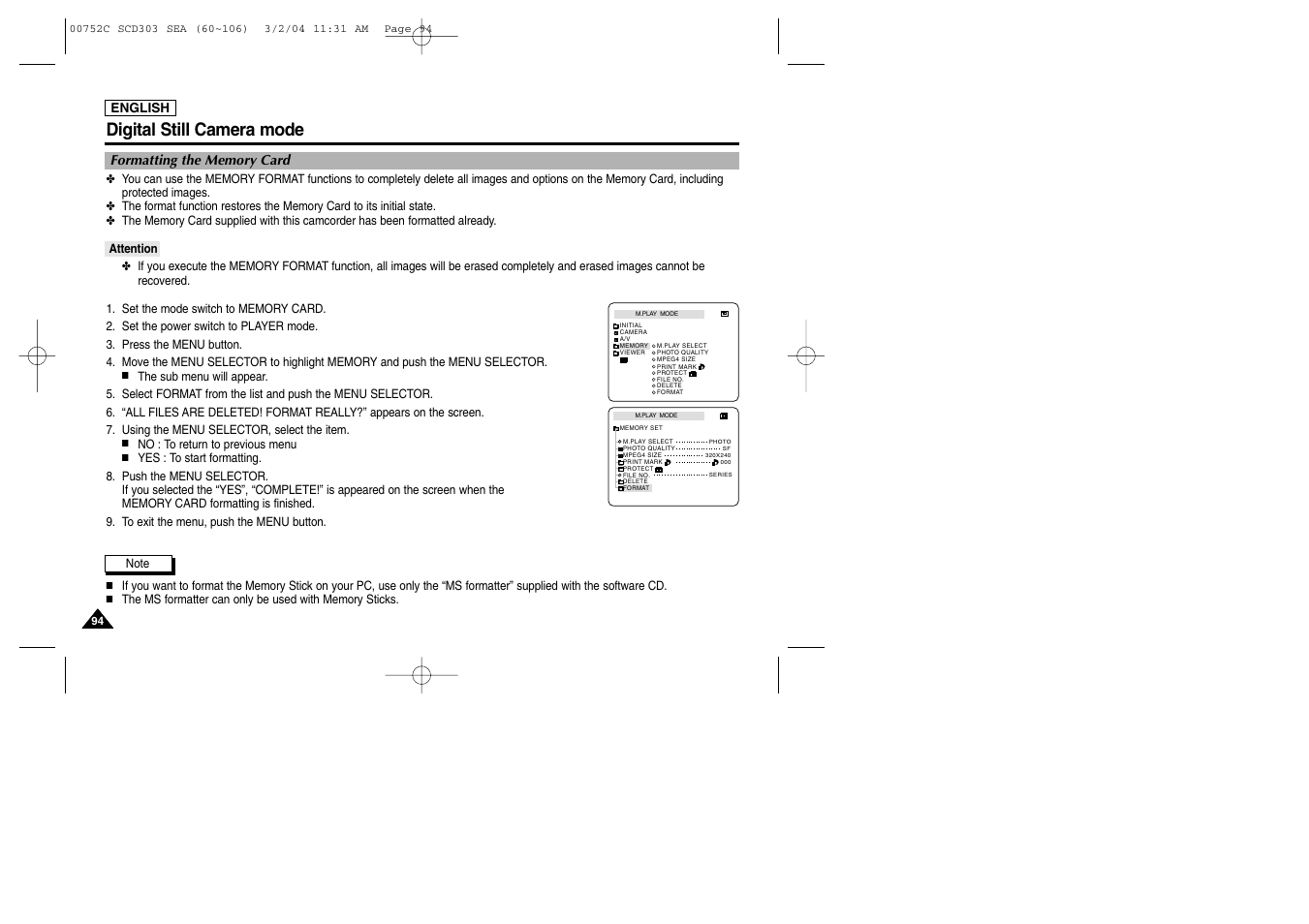 Digital still camera mode | Samsung SC-D303-XAC User Manual | Page 98 / 111
