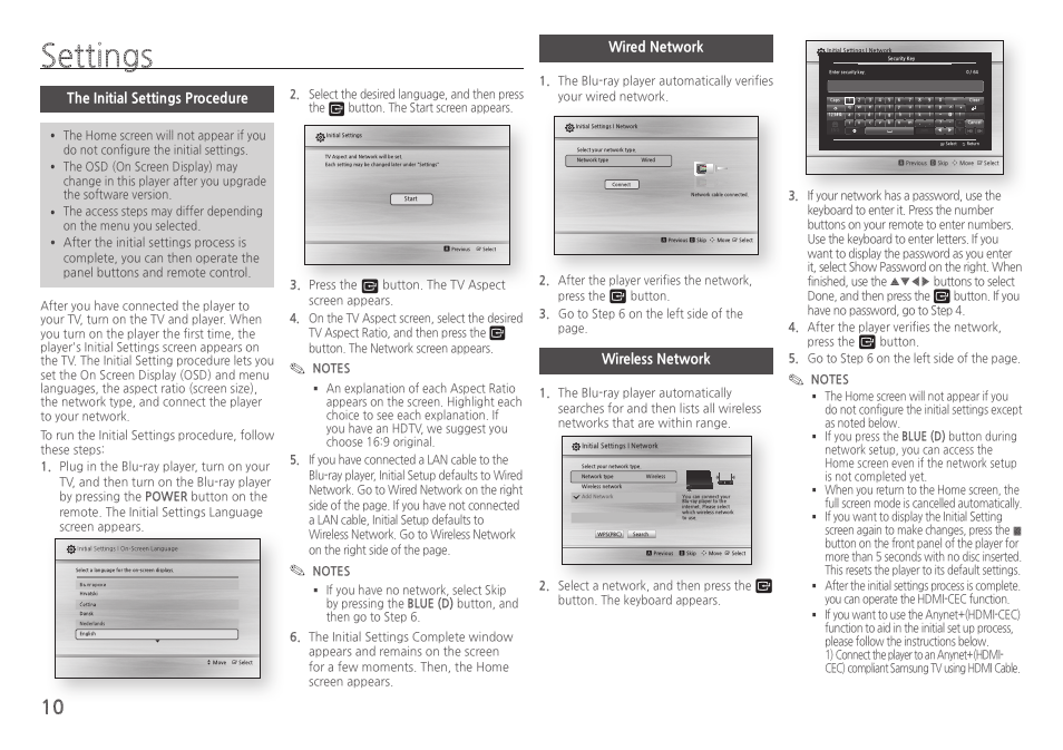 Settings, The initial settings procedure, Wired network | Wireless network | Samsung BD-HM57C-ZA User Manual | Page 10 / 29