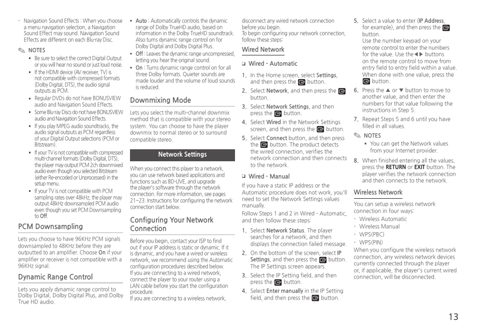 Network settings, Pcm downsampling, Dynamic range control | Downmixing mode, Configuring your network connection | Samsung BD-HM57C-ZA User Manual | Page 13 / 29