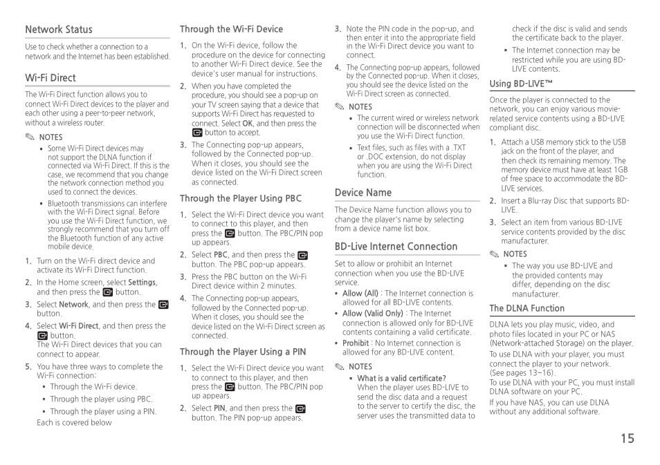 Network status, Wi-fi direct, Device name | Bd-live internet connection | Samsung BD-HM57C-ZA User Manual | Page 15 / 29