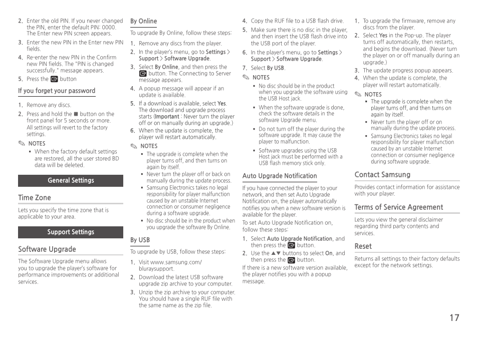 General settings, Support settings, Time zone | Software upgrade, Contact samsung, Terms of service agreement, Reset | Samsung BD-HM57C-ZA User Manual | Page 17 / 29