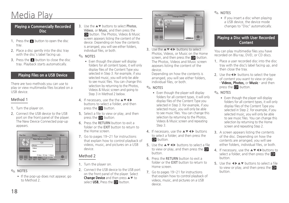 Media play, Playing a commercially recordeddisc, Playing files on a usb device | Playing a disc with user recordedcontent | Samsung BD-HM57C-ZA User Manual | Page 18 / 29