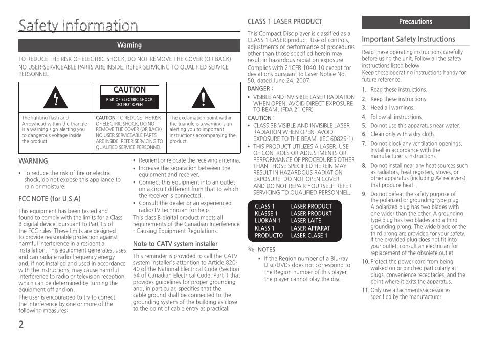 Safety information, Warning, Precautions | Caution, Important safety instructions | Samsung BD-HM57C-ZA User Manual | Page 2 / 29