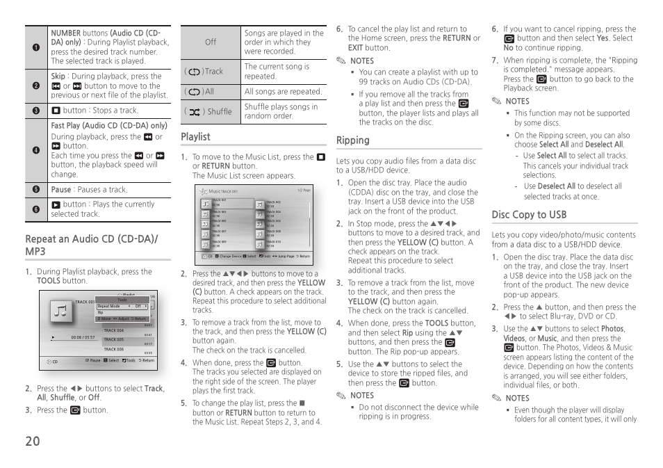 Repeat an audio cd (cd-da)/ mp3, Playlist, Ripping | Disc copy to usb | Samsung BD-HM57C-ZA User Manual | Page 20 / 29