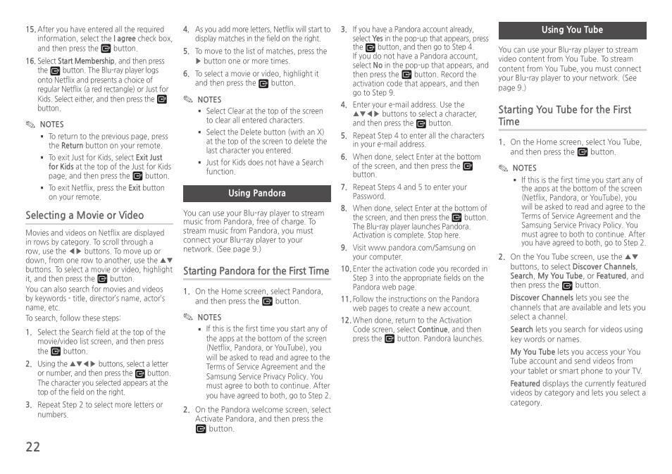 Using pandora, Using you tube | Samsung BD-HM57C-ZA User Manual | Page 22 / 29